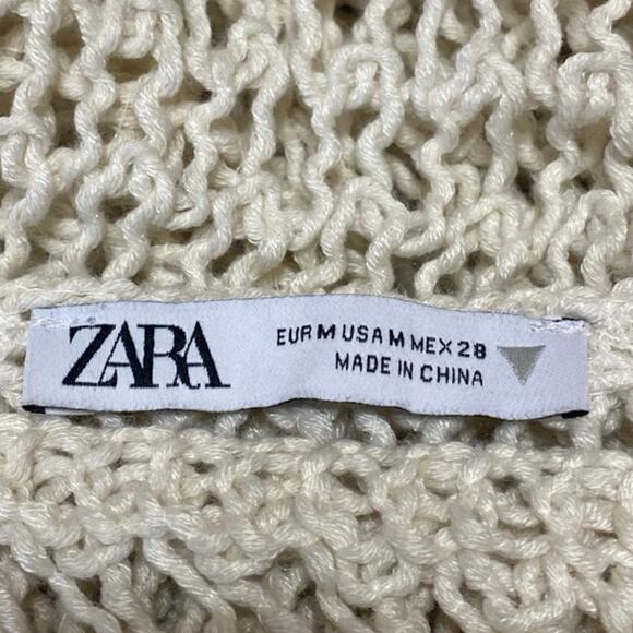 Zara Women's Cream Long Flare Sleeve Open Knit Crochet Sweater Crop Top Size M - Picture 3 of 3